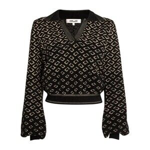Diane Von Furstenberg Black Gold Blouson Sleeved Collared V-neck Sweater XS